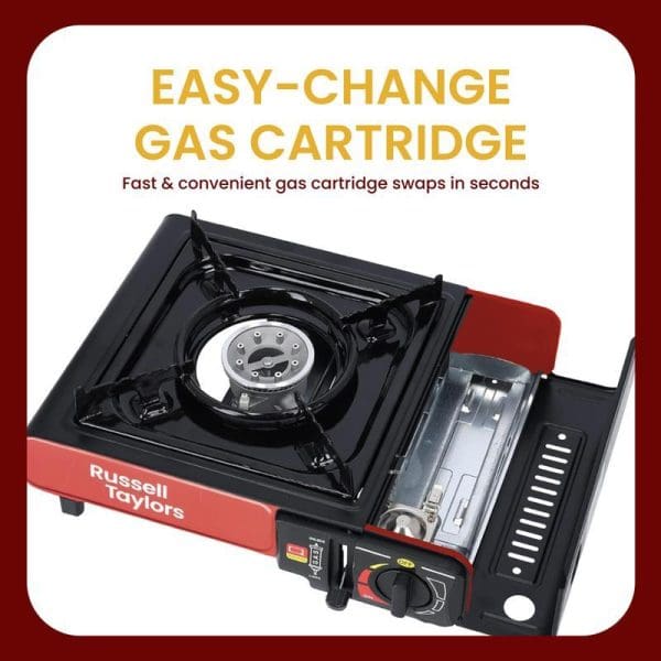 Russell Taylors Portable Gas Stove GS1 with easy-change gas cartridge system, featuring black burner top, red base, and carrying case for convenient outdoor cooking.