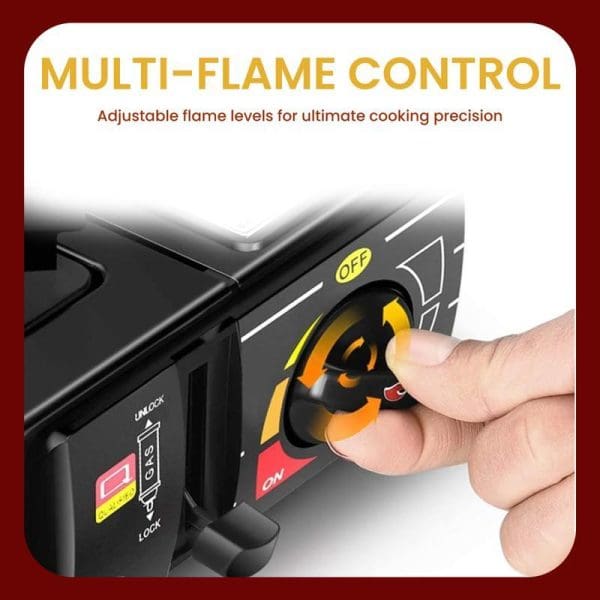 Russell Taylors Portable Gas Stove GS1 with multi-flame control dial being adjusted by hand, showing adjustable flame levels for precise cooking control.
