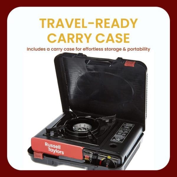 Russell Taylors Portable Gas Stove GS1 with black carry case, featuring single burner and travel-ready design for effortless storage and portability.