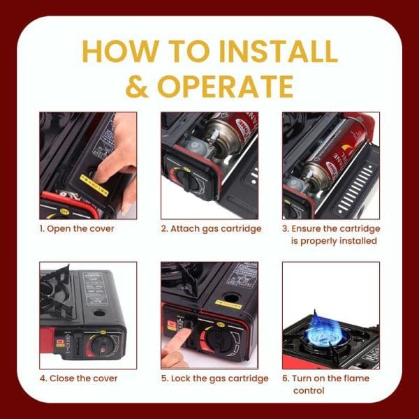 Step-by-step installation guide for Russell Taylors Portable Gas Stove GS1 showing how to open cover, attach cartridge, close, lock, and ignite flame.