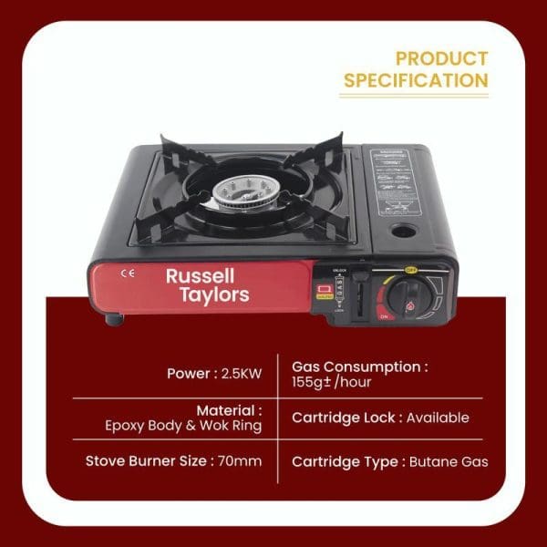 Russell Taylors Portable Gas Stove GS1 product specification showing black stove with red branding, 2.5KW power, 155g/hour gas consumption, epoxy body, 70mm burner size.
