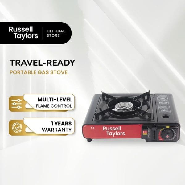 Russell Taylors portable gas stove with black and red design, featuring multi-level flame control, 1-year warranty, and travel-ready functionality displayed on light background.