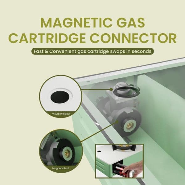 Russell Taylors Portable Gas Stove GS2 with magnetic gas cartridge connector featuring visual window, magnetic lock, and carry case for convenient cooking.