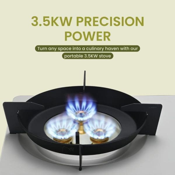 Russell Taylors Portable Gas Stove GS2 with 3.5KW precision power, featuring three blue gas burners in black frame with carry case for culinary versatility.
