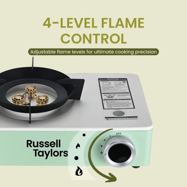 Russell Taylors Portable Gas Stove GS2 featuring 4-level flame control with adjustable dial, compact mint green design with carry case for precise cooking.
