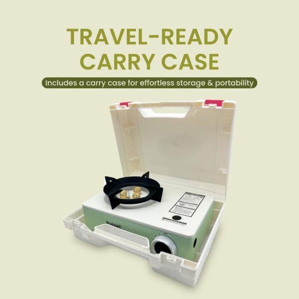 Russell Taylors Portable Gas Stove GS2 in white and green with black burner, displayed in clear plastic carry case for travel storage.