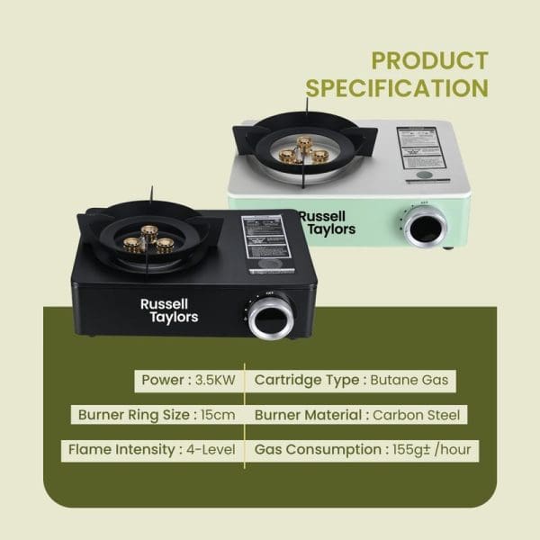 Russell Taylors Portable Gas Stove GS2 in black and mint green colors with product specifications showing 3.5KW power, butane gas cartridge, and carry case.