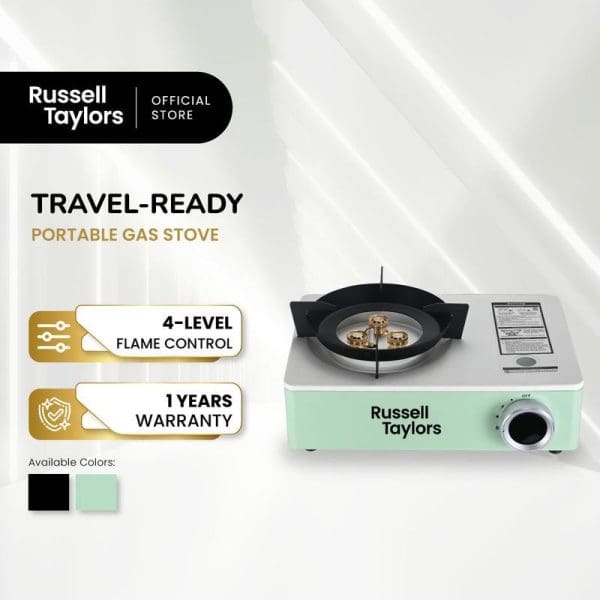 Russell Taylors portable gas stove in mint green color featuring 4-level flame control, 1-year warranty, travel-ready design with carry case for outdoor cooking.