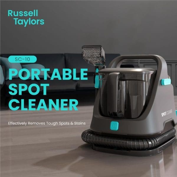 Russell Taylors SC-10 Portable Spot Cleaner in gray and teal, designed for carpet and upholstery cleaning, shown on wooden floor against modern interior background.