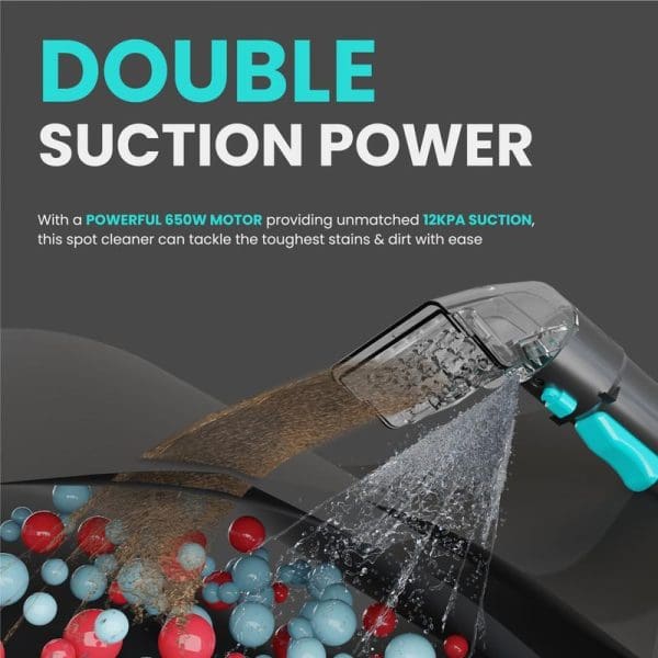 Russell Taylors SC10 Portable Spot Cleaner with 650W motor and 12KPA suction power, showing double suction technology cleaning carpet with water spray feature.