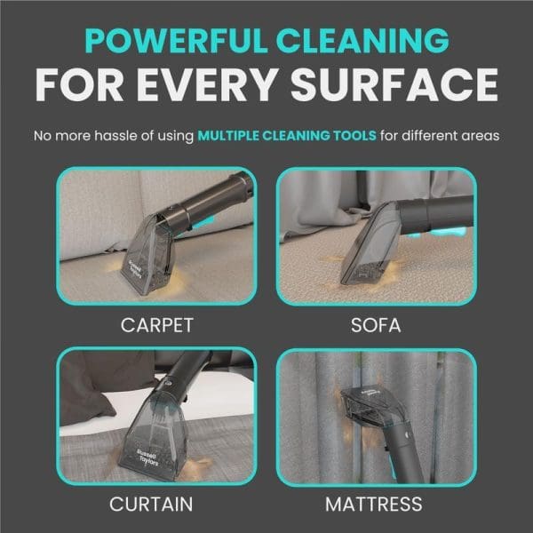 Russell Taylors SC10 Portable Spot Cleaner being used on multiple surfaces - carpet, sofa, curtain, and mattress, demonstrating versatile cleaning capabilities for upholstery and fabrics.