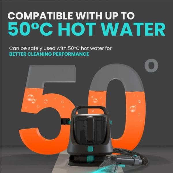 Russell Taylors SC10 Portable Spot Cleaner with hose attachment, compatible with 50°C hot water for better carpet and upholstery cleaning performance.
