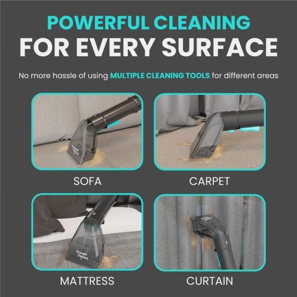 Russell Taylors SC10 Portable Spot Cleaner demonstrating powerful cleaning capabilities on multiple surfaces including sofa, carpet, mattress, and curtains with single versatile tool.