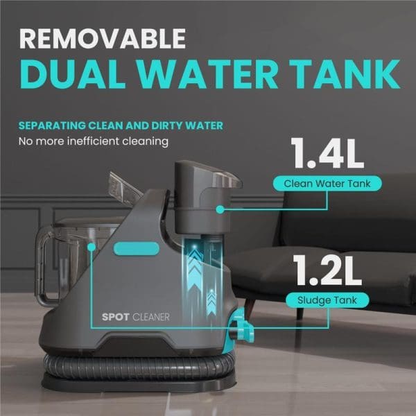 Russell Taylors SC10 Portable Spot Cleaner with removable dual water tank system featuring 1.4L clean water tank and 1.2L sludge tank for carpet cleaning.