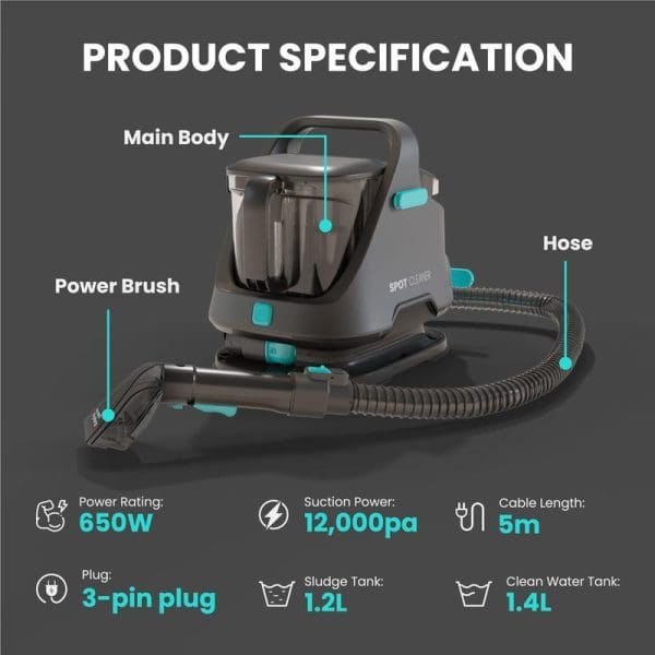 Russell Taylors SC10 Portable Spot Cleaner product specification diagram showing main body, power brush, hose components with technical details like 650W power rating and tank capacities.