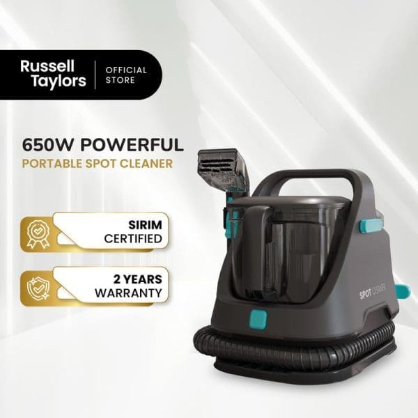 Russell Taylors 650W portable spot cleaner vacuum with black and teal design, featuring SIRIM certification and 2-year warranty for carpet and upholstery cleaning.