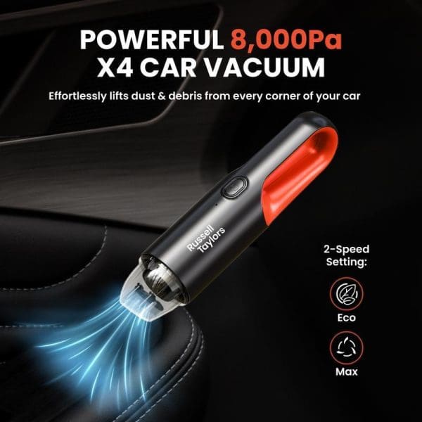 Russell Taylors cordless car vacuum cleaner with 8000Pa suction power, featuring 2-speed ECO and Max settings, cleaning car interior seat crevices.
