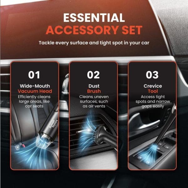 Russell Taylors Portable Vacuum Cleaner X4 essential accessory set showing wide-mouth vacuum head, dust brush, and crevice tool for cleaning car interiors.