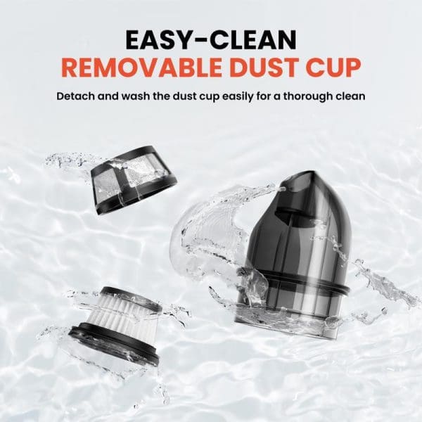 Russell Taylors portable cordless car vacuum cleaner with removable dust cup components shown disassembled with water splash, highlighting easy-clean washable parts feature.