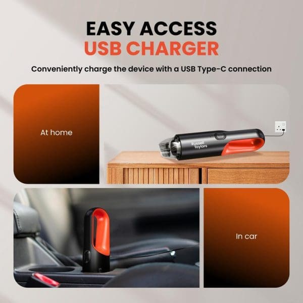 Russell Taylors portable cordless vacuum cleaner with USB Type-C charging capability, shown charging at home on wooden surface and in car interior.
