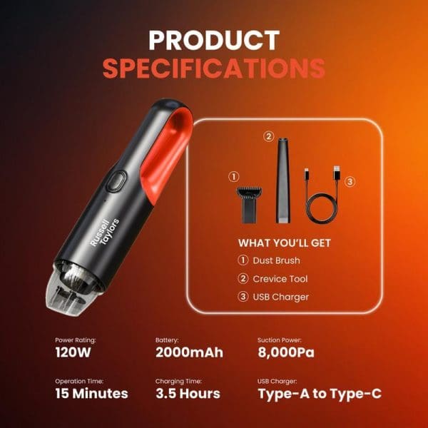 Russell Taylors Portable Vacuum Cleaner product specifications showing 120W power, 2000mAh battery, 8000Pa suction with included dust brush, crevice tool and USB charger accessories.
