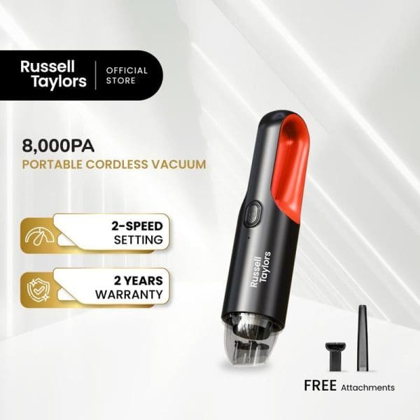 Russell Taylors 8000PA portable cordless vacuum cleaner with 2-speed setting, 2-year warranty, black and red design, includes free attachments for car cleaning.