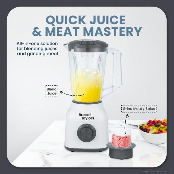 Russell Taylors Power Blender with 1.5L glass pitcher and dry mill attachment for blending juices and grinding meat, featuring white base with control dial.
