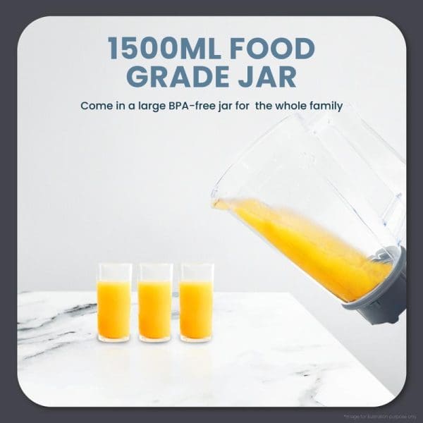 Russell Taylors Power Blender TB2 with 1500ml BPA-free food grade jar pouring orange juice into three glasses on marble surface.