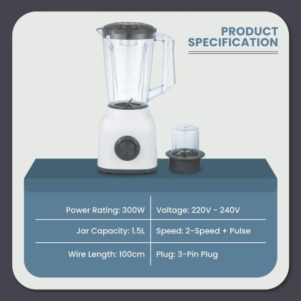 Russell Taylors Power Blender TB2 with 1.5L jar and dry mill attachment, featuring 300W power, 2-speed plus pulse function, product specification display.