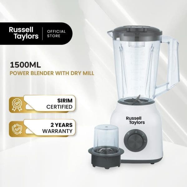 Russell Taylors 1500ML Power Blender with Dry Mill featuring SIRIM certification, 2 years warranty, clear plastic jug, white base, and additional grinding attachment.