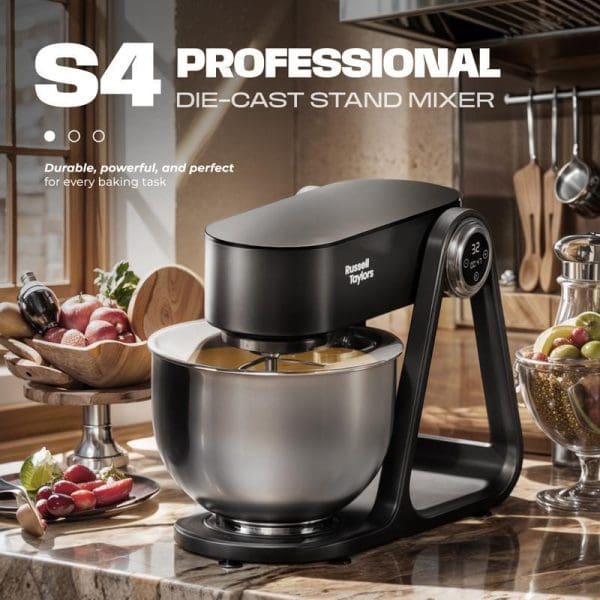 Russell Taylors S4 Professional Die-Cast Stand Mixer 5L in black with stainless steel bowl on kitchen counter surrounded by fresh ingredients and baking accessories.