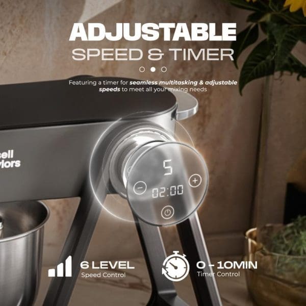 Russell Taylors Professional Die-Cast Stand Mixer 5L with adjustable speed and timer controls, featuring 6-level speed control and 0-10 minute timer display.