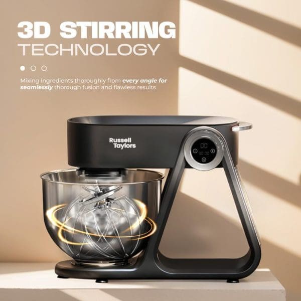 Russell Taylors Professional Die-Cast Stand Mixer 5L with 3D stirring technology, featuring glass bowl and digital display on modern kitchen counter.