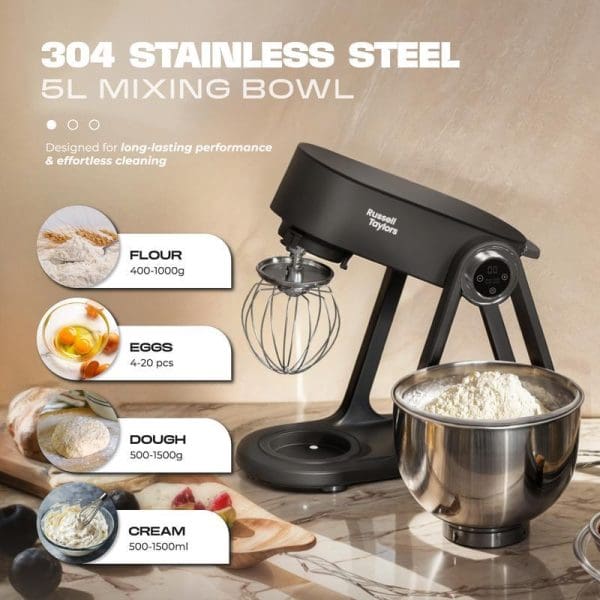 Russell Taylors Professional Die-Cast Stand Mixer 5L with 304 stainless steel mixing bowl, showing capacity specifications for flour, eggs, dough, and cream on kitchen counter.