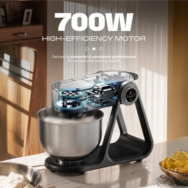 Russell Taylors Professional Die-Cast Stand Mixer 5L with 700W high-efficiency motor, transparent cutaway view showing internal components, displayed on kitchen counter.