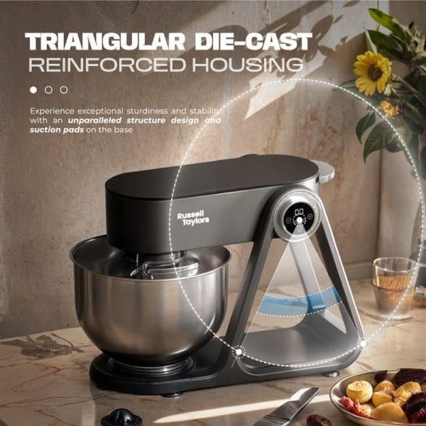 Russell Taylors Professional Die-Cast Stand Mixer 5L S4 in black with stainless steel bowl, featuring triangular die-cast reinforced housing design on kitchen counter.