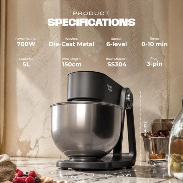 Russell Taylors Professional Die-Cast Stand Mixer 5L with product specifications display showing 700W power, die-cast metal housing, 6-level speed, and kitchen setting background.