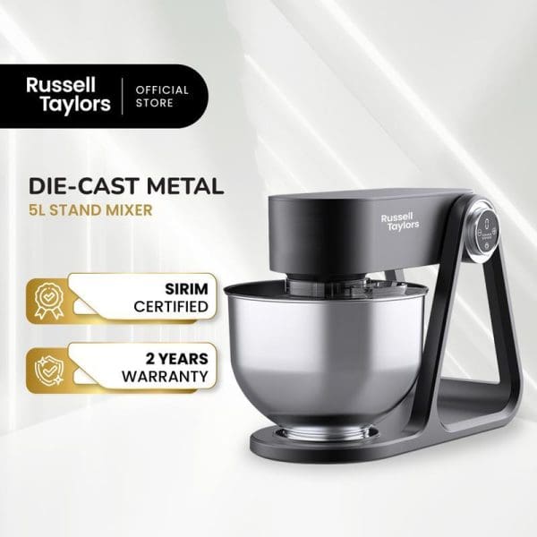 Russell Taylors Die-Cast Metal 5L Stand Mixer in silver and black with SIRIM certification and 2 years warranty displayed on white background.