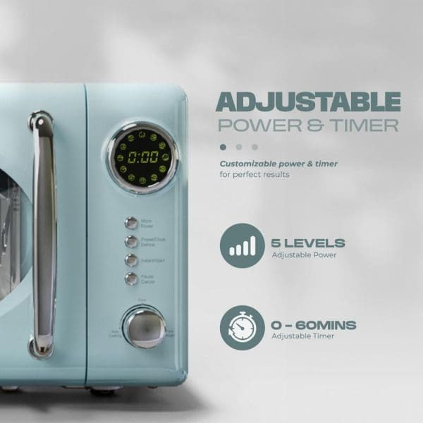 Russell Taylors Retro Microwave Oven 20L M2 in mint green featuring adjustable power and timer with 5 power levels and 0-60 minute timer display.