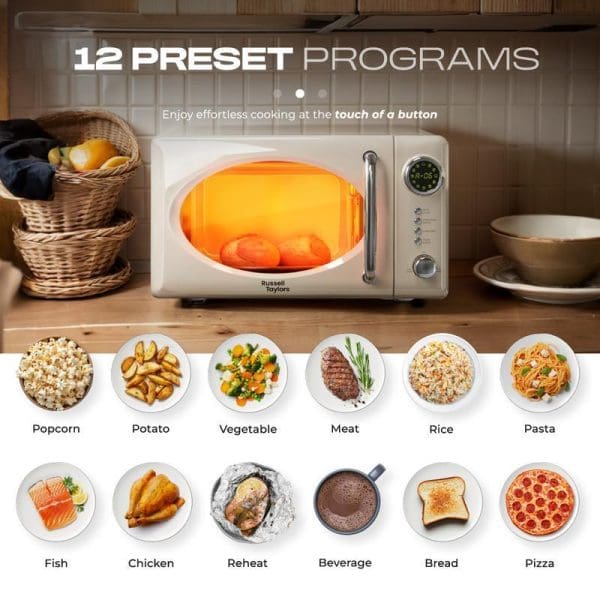Russell Taylors Retro Microwave Oven 20L M2 with 12 preset programs displayed on kitchen counter, showing various food options including popcorn, vegetables, meat, and pizza.