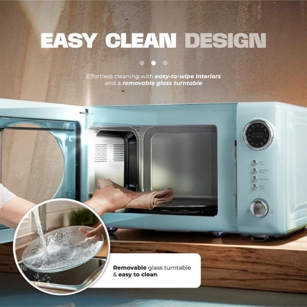 Russell Taylors Retro Microwave Oven 20L M2 in turquoise blue featuring easy clean design with removable glass turntable and easy-to-wipe interiors being demonstrated.