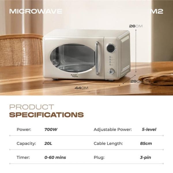 Russell Taylors Retro Microwave Oven M2 20L in cream white with product specifications showing 700W power, 5-level adjustment, 60-minute timer, and dimensions.