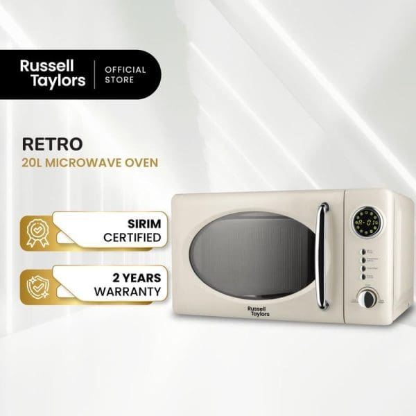 Russell Taylors Retro 20L Microwave Oven in cream color with digital display, SIRIM certified, 2 years warranty, official store product image.