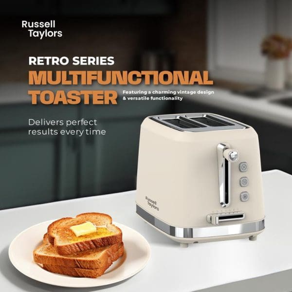 Russell Taylors Retro Series cream-colored multifunctional toaster with chrome accents on white counter, featuring toasted bread slices with butter on plate beside it.