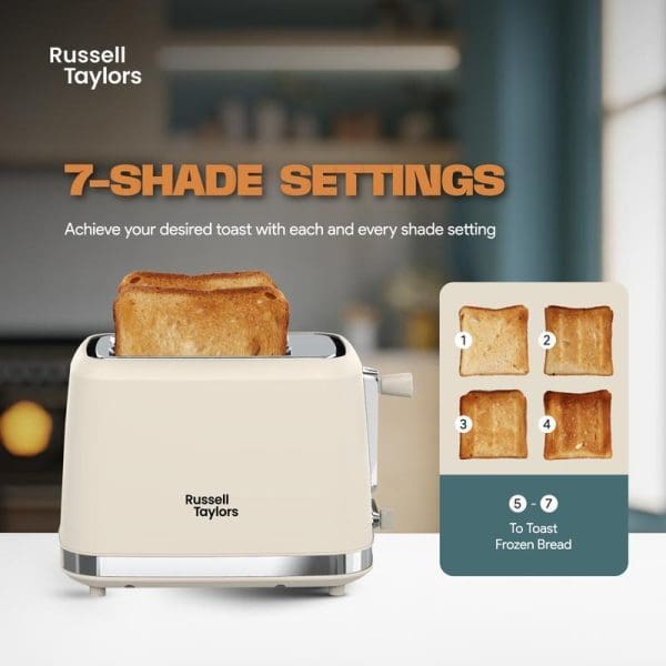 Russell Taylors RT-10 cream retro toaster with toast inside, showing 7-shade settings guide with bread samples from light to dark browning levels.