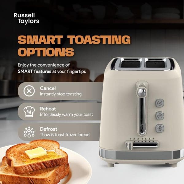 Russell Taylors cream-colored retro toaster with smart features including cancel, reheat, and defrost options, displayed alongside buttered toast slices on white plate.