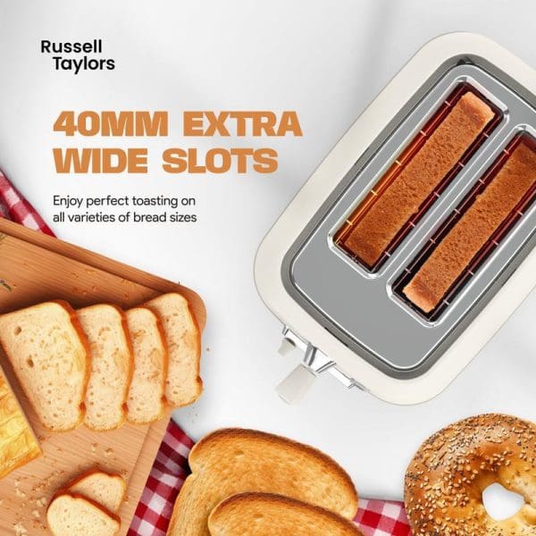 Russell Taylors RT-10 Retro Toaster with 40mm extra wide slots, cream colored design, shown with toasted bread slices on wooden cutting board and bagel.