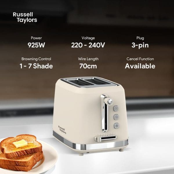 Russell Taylors RT-10 cream-colored retro toaster with specifications showing 925W power, 220-240V voltage, 7 browning settings, displayed alongside buttered toast slices on kitchen counter.