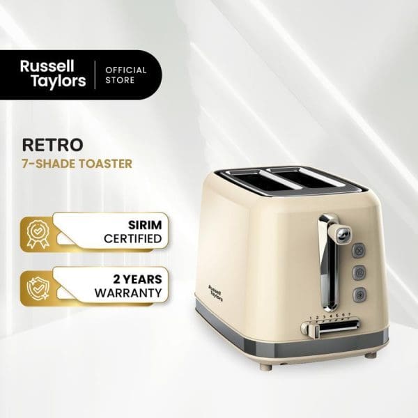 Russell Taylors Retro 7-Shade Toaster RT-10 in cream color with SIRIM certification and 2-year warranty, featuring retro design and multiple browning settings.
