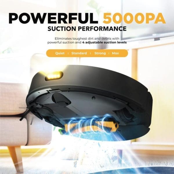 Russell Taylors R10 PRO Robot Vacuum Cleaner with 5000PA suction power, LDS navigation, auto empty station, and four adjustable suction levels cleaning under furniture.